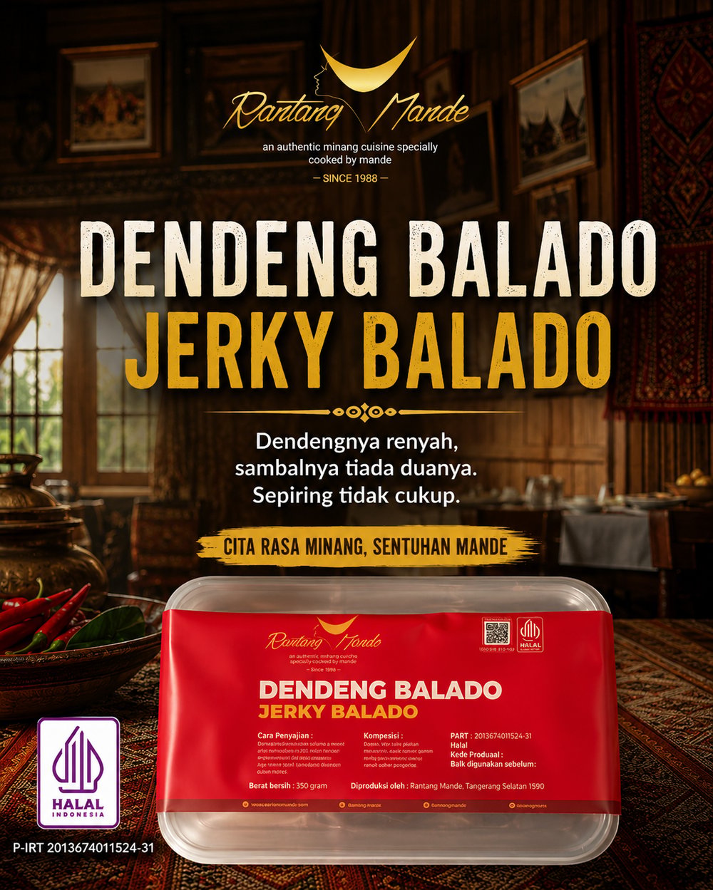  Dendeng Balado, Premium Khas Minangkabau Padang, 350g, Rantang Mande