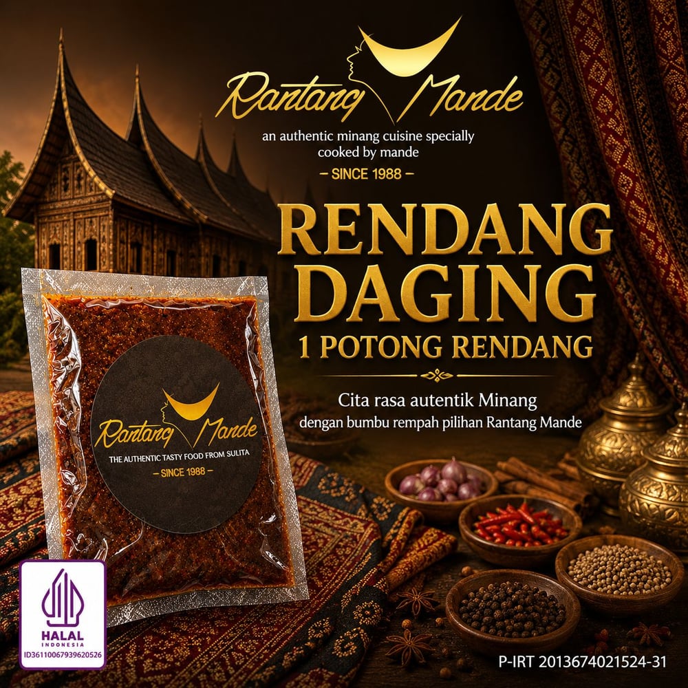 Rendang Daging Sapi, Premiun Khas Minangkabau Padang, 70gram, Rantang Mande